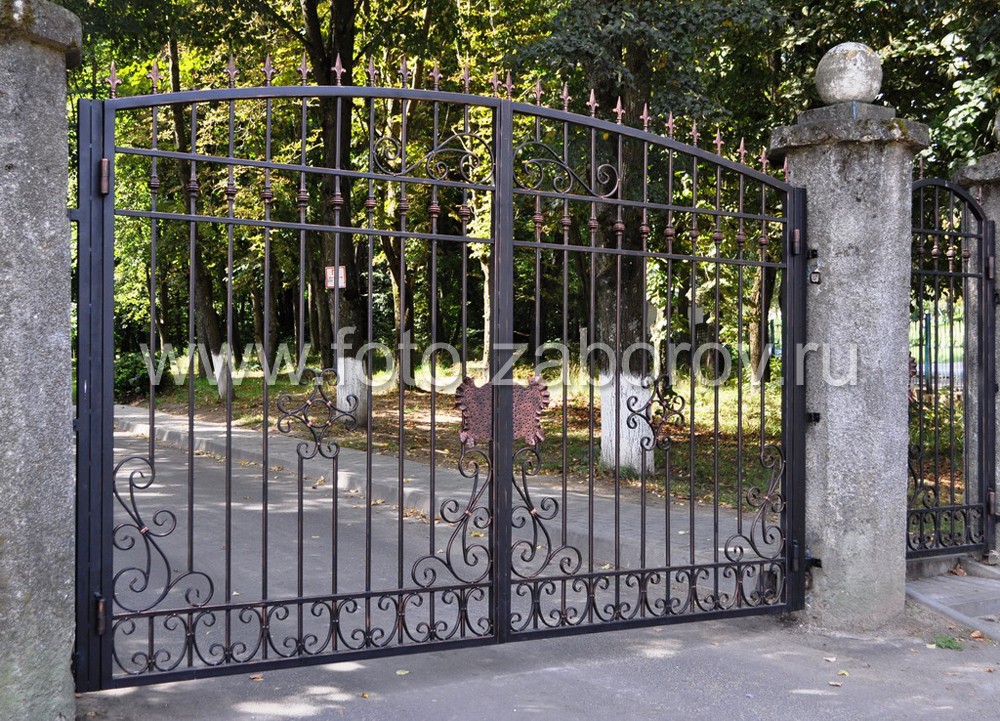 Фото Входная группа - распашные ворота и калитка украшены коваными элементами: декоративными