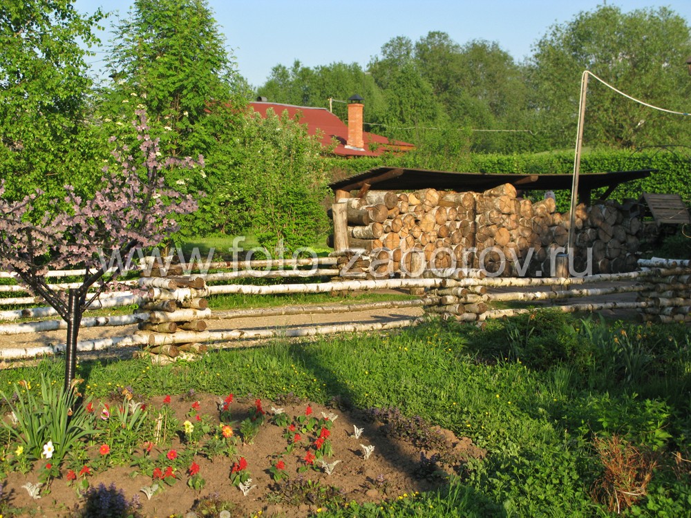 Фото Берёзовая поленница на столбах, берёзовые стволы в пролётах - ограда цветочного палисадника
