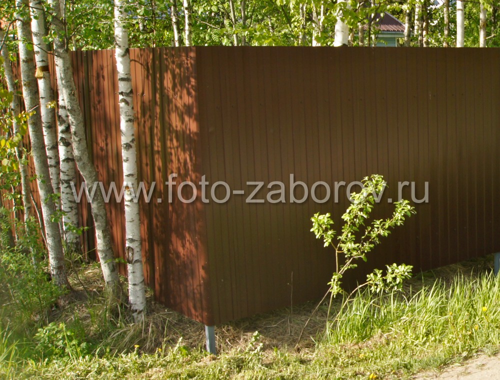 Фото Забор из коричневого профнастила и мостик, перекинутый через