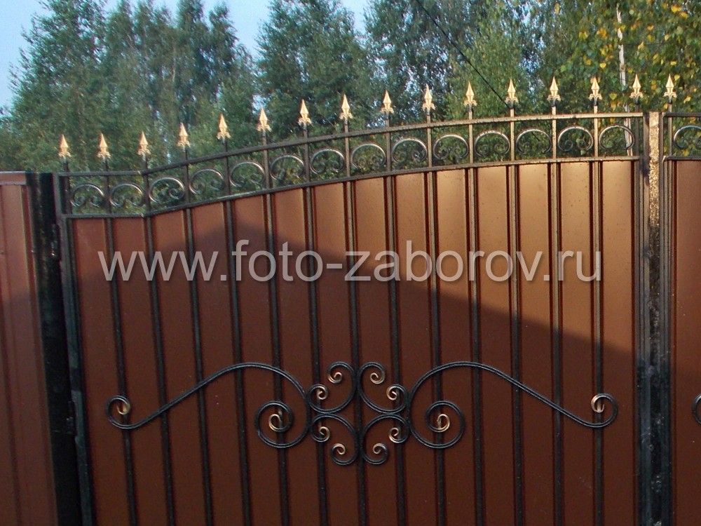 Фото Сочетание профлиста и кованых элементов в воротах и